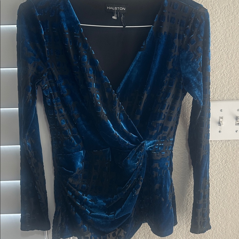 Halston Heritage Blue Velvet Wrap Top